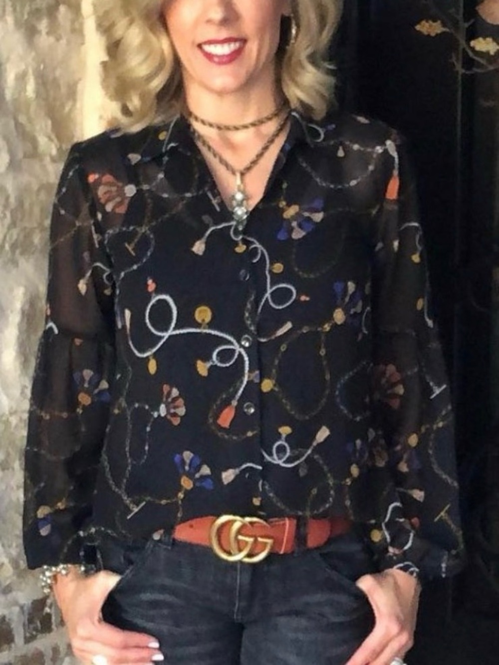 CAbi Black Sheer Floral Loop Button-Up Blouse Sz S